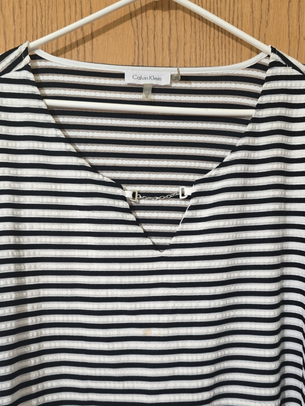 Calvin Klein Black & White Striped V-Neck Chain-Accent Top